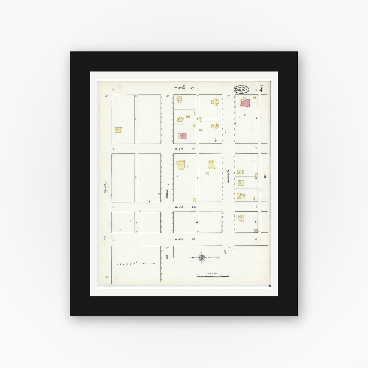 Old map wall art mockup — black gallery frame with white mat — Sanborn Fire Insurance Map from Canyon, Randall County, Texas (1920), Sheet #0004