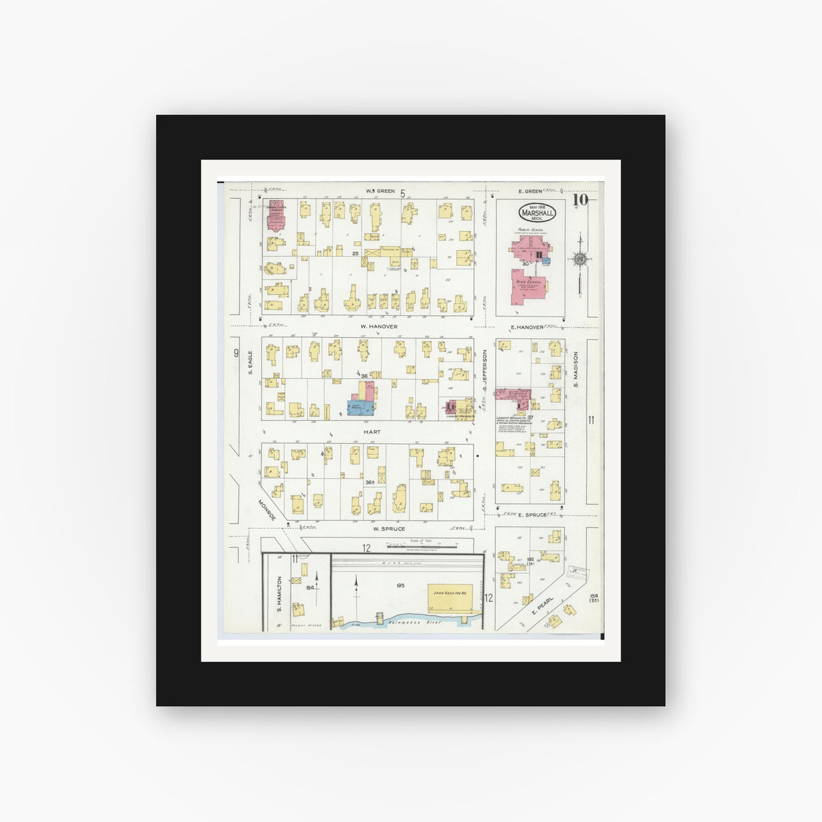 Old map wall art mockup — black gallery frame with white mat — Sanborn Fire Insurance Map from Marshall, Calhoun County, Michigan (1916), Sheet #0010