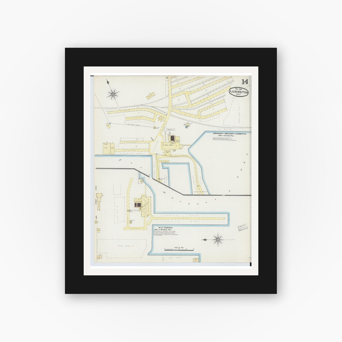 Old map wall art mockup — black gallery frame with white mat — Sanborn Fire Insurance Map from Ludington, Mason County, Michigan (1890), Sheet #0014