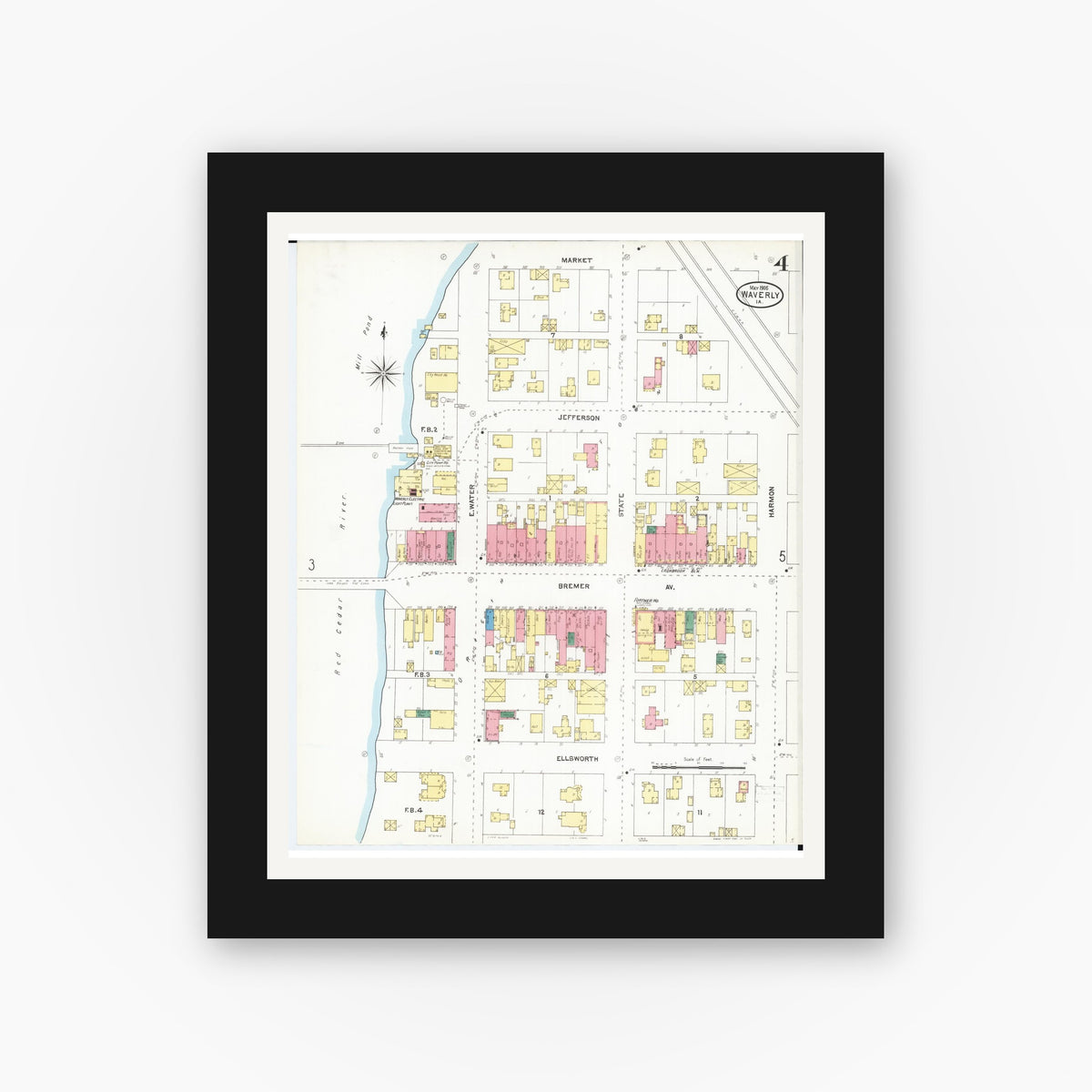 Old map wall art mockup — black gallery frame with white mat — Sanborn Fire Insurance Map from Waverly, Bremer County, Iowa (1905), Sheet #0004