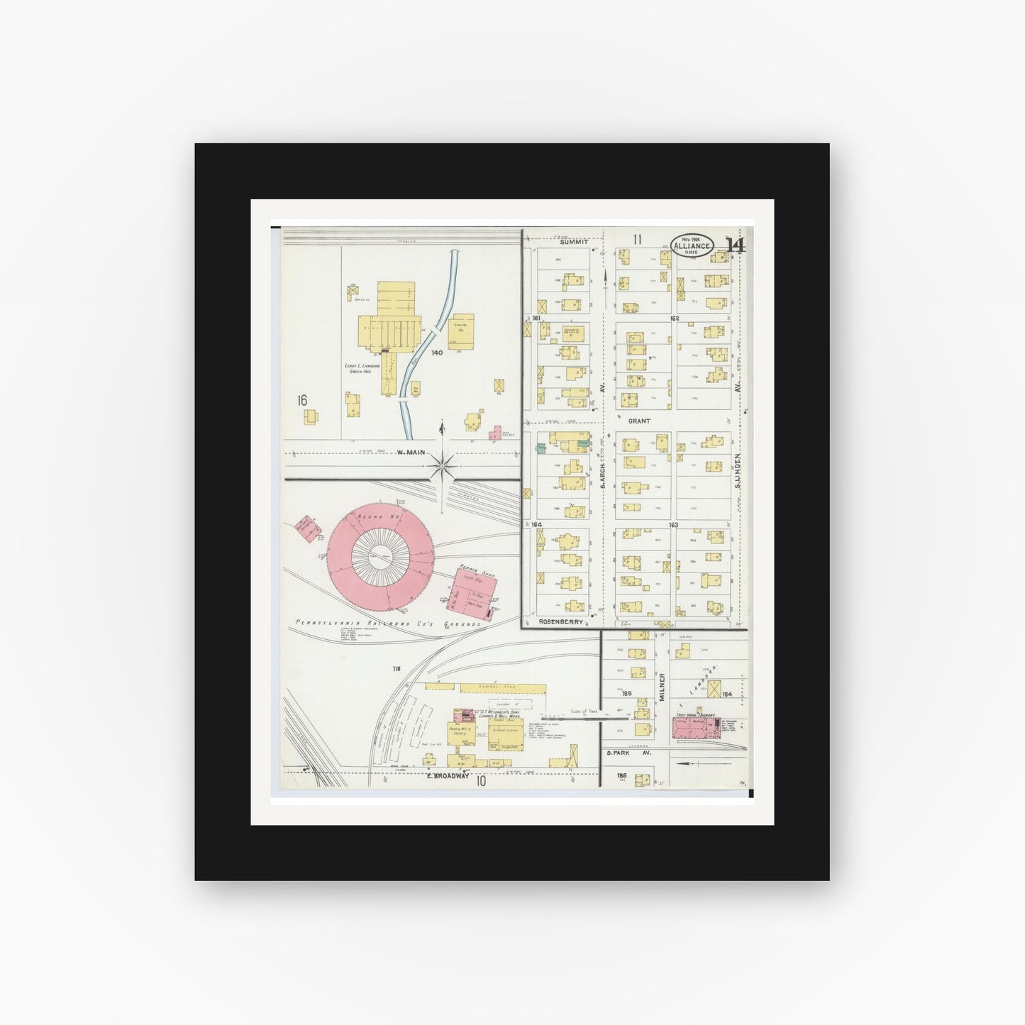Old map wall art mockup — black gallery frame with white mat — Sanborn Fire Insurance Map from Alliance, Stark County, Ohio (1904), Sheet #0014