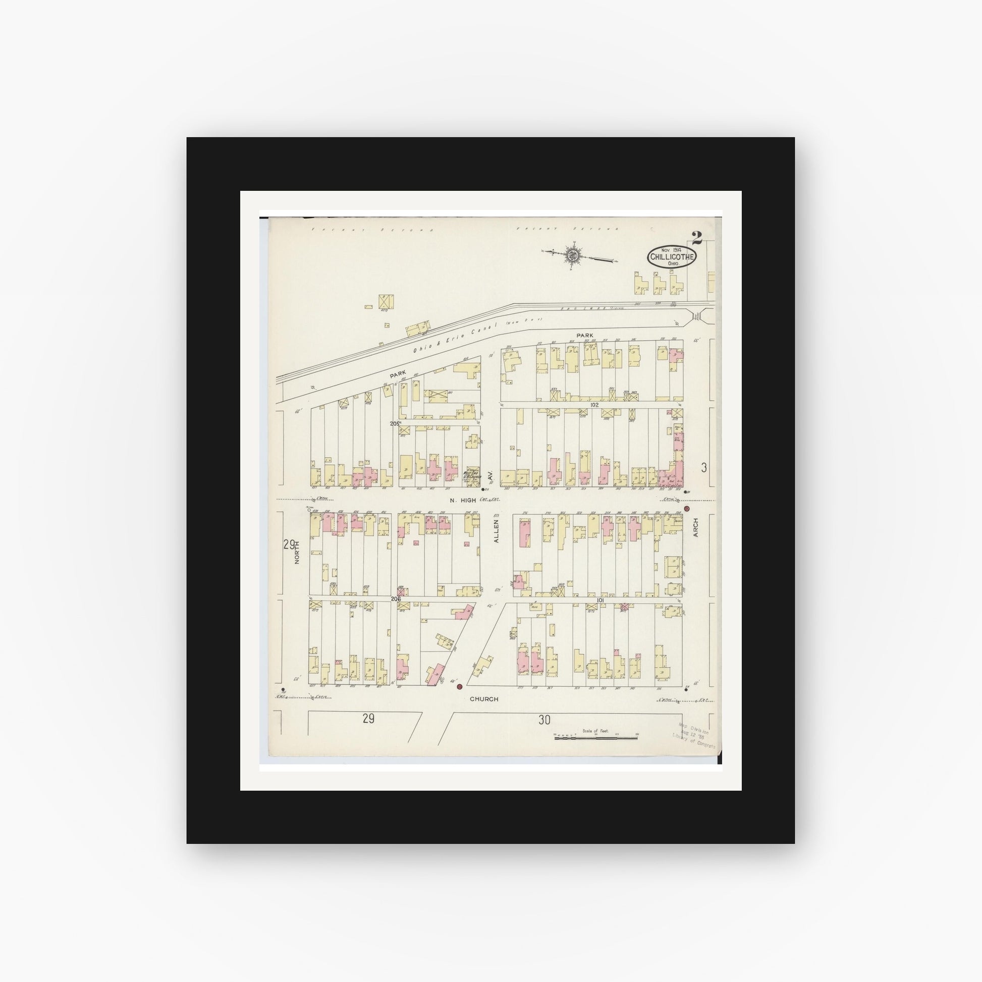 Old map wall art mockup — black gallery frame with white mat — Sanborn Fire Insurance Map from Chillicothe, Ross County, Ohio (1914), Sheet #0002