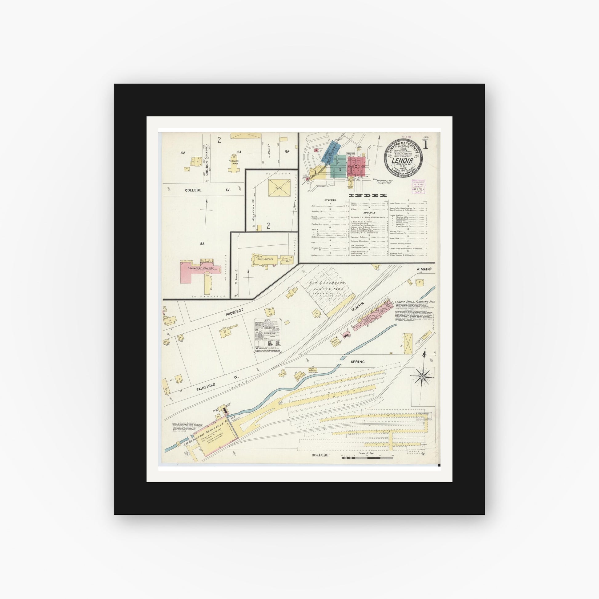 Old map wall art mockup — black gallery frame with white mat — Sanborn Fire Insurance Map from Lenoir, Caldwell County, North Carolina (1907), Sheet #0001