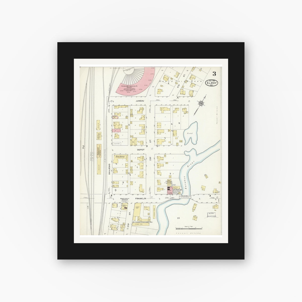 Old map wall art mockup — black gallery frame with white mat — Sanborn Fire Insurance Map from Elroy, Juneau County, Wisconsin (1914), Sheet #0003