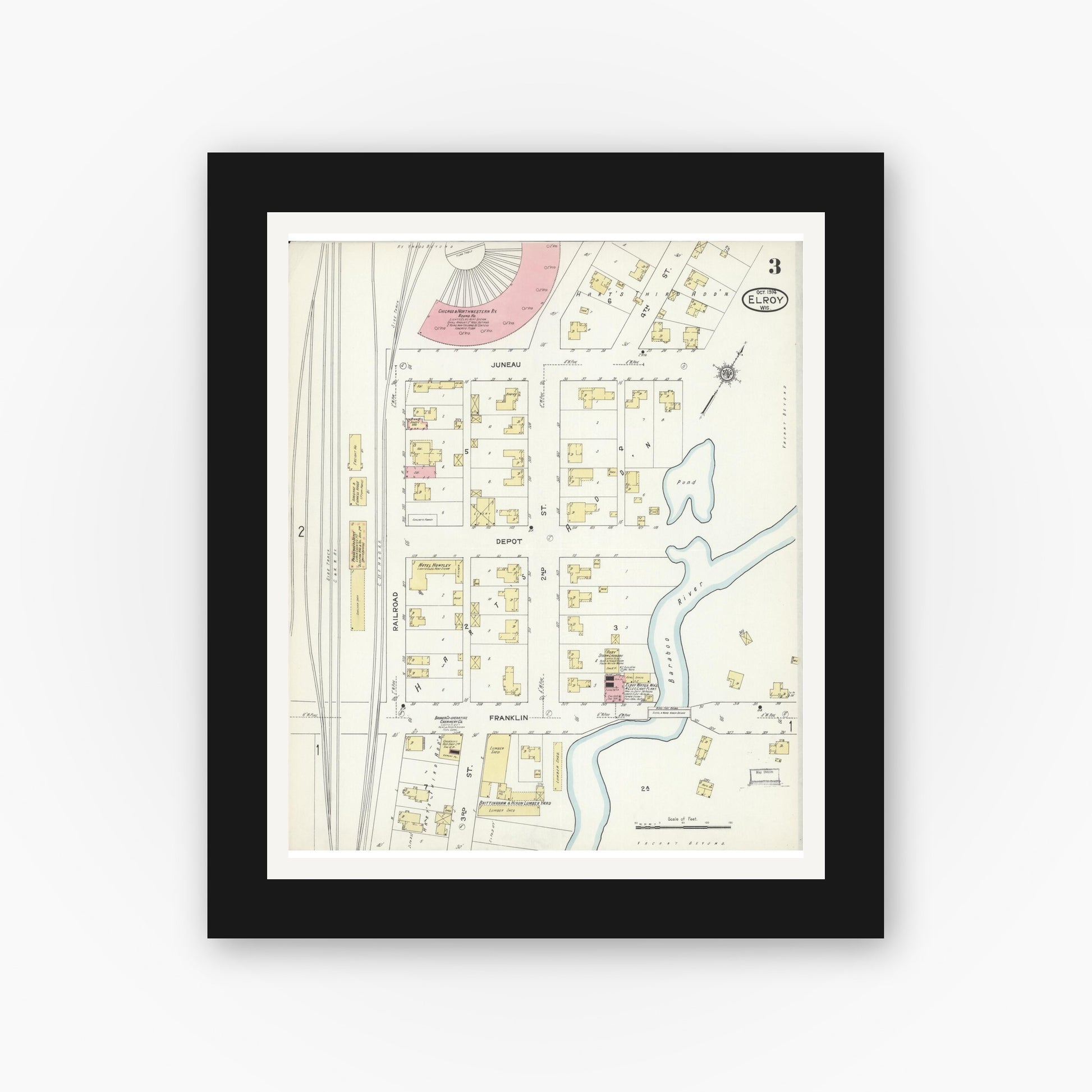 Old map wall art mockup — black gallery frame with white mat — Sanborn Fire Insurance Map from Elroy, Juneau County, Wisconsin (1914), Sheet #0003