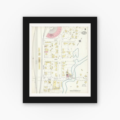 Old map wall art mockup — black gallery frame with white mat — Sanborn Fire Insurance Map from Elroy, Juneau County, Wisconsin (1914), Sheet #0003