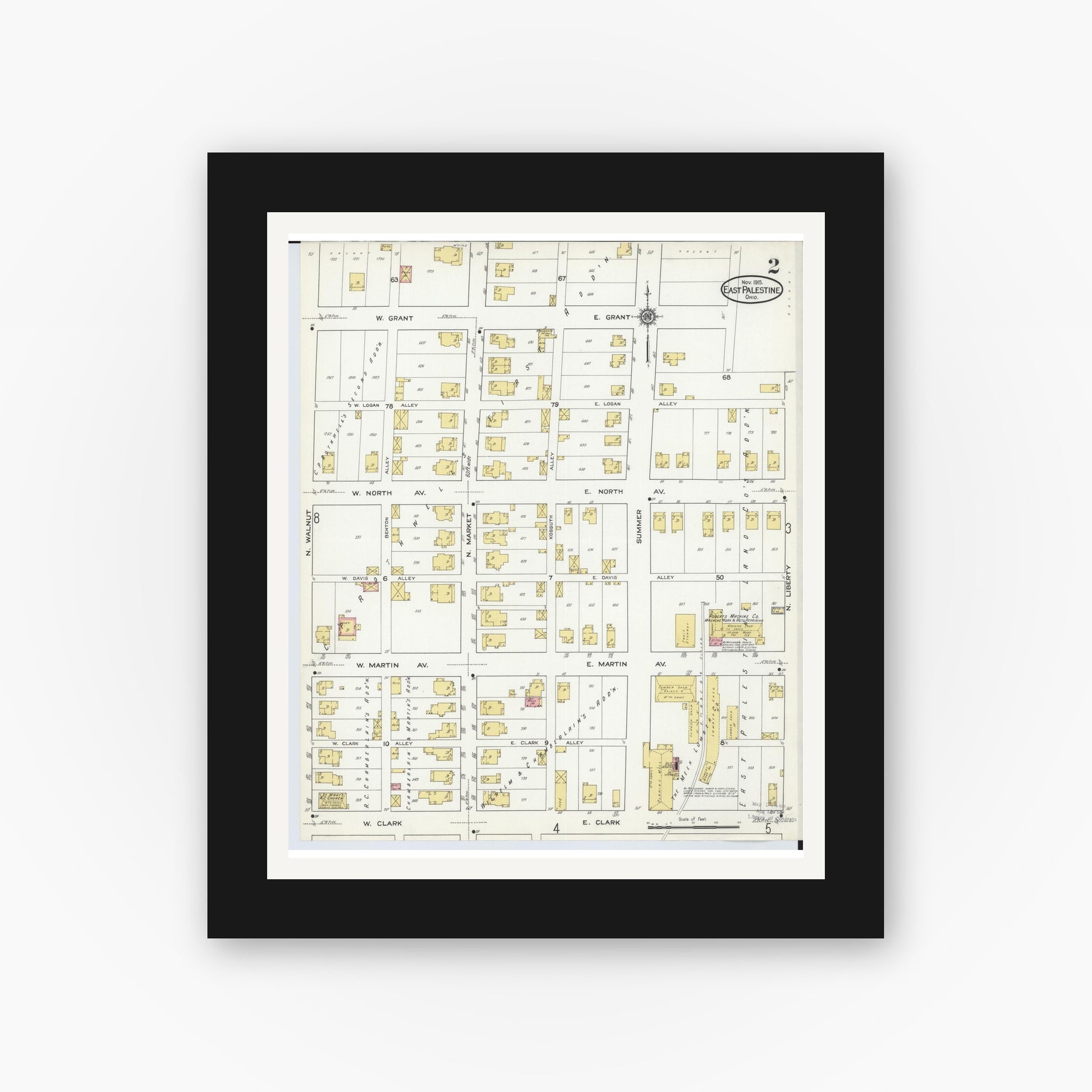 Old map wall art mockup — black gallery frame with white mat — Sanborn Fire Insurance Map from East Palestine, Columbiana County, Ohio (1915), Sheet #0002