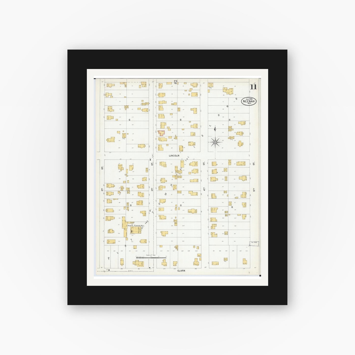 Old map wall art mockup — black gallery frame with white mat — Sanborn Fire Insurance Map from Neenah, Winnebago County, Wisconsin (1900), Sheet #0011