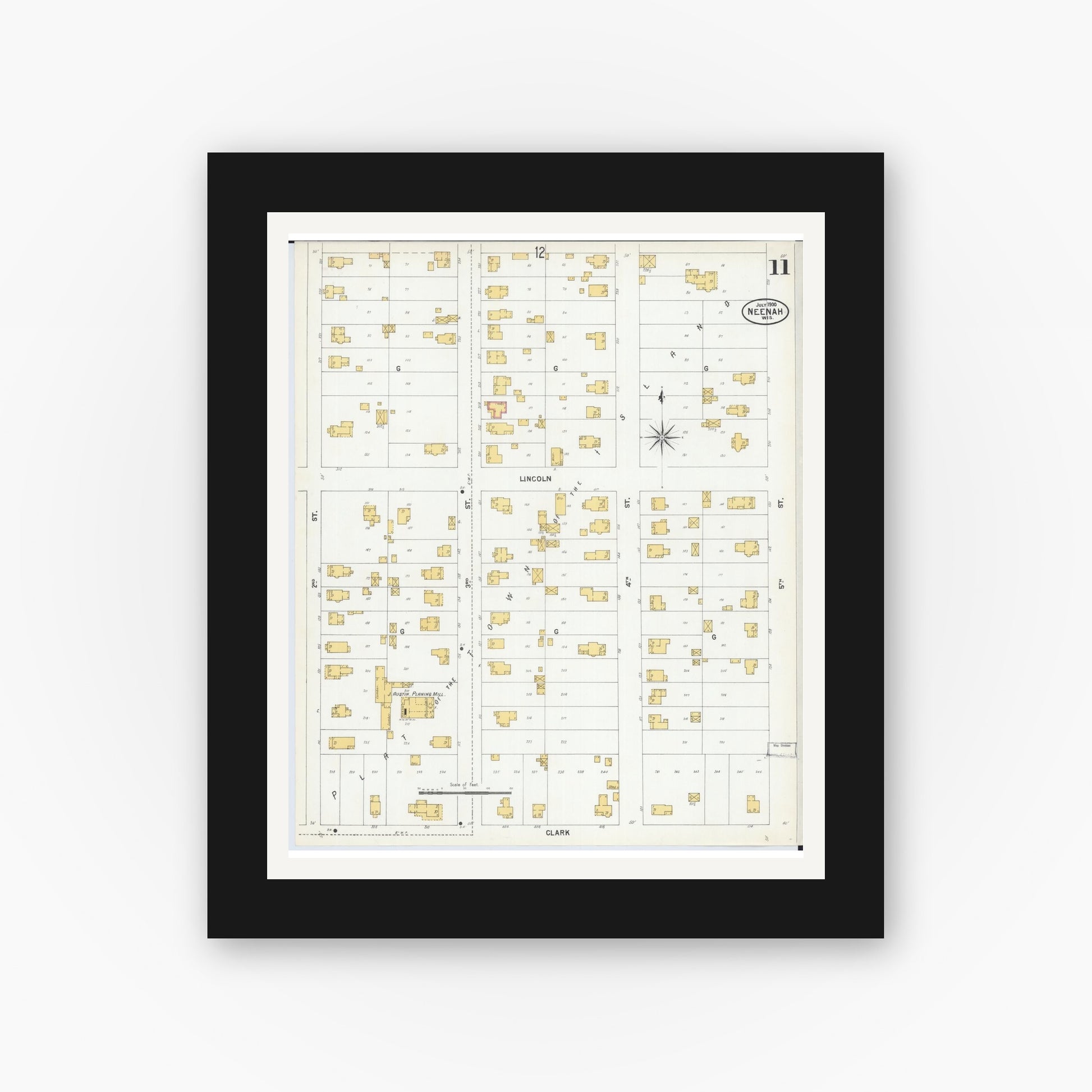 Old map wall art mockup — black gallery frame with white mat — Sanborn Fire Insurance Map from Neenah, Winnebago County, Wisconsin (1900), Sheet #0011