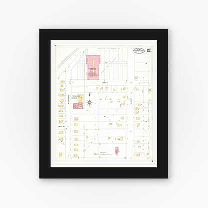 Old map wall art mockup — black gallery frame with white mat — Sanborn Fire Insurance Map from Shenandoah, Page County, Iowa (1909), Sheet #0012