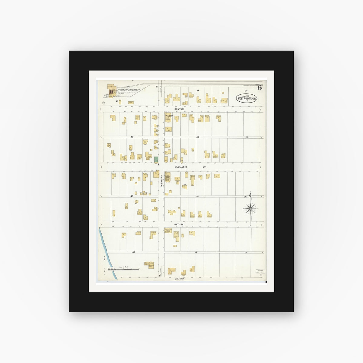 Old map wall art mockup — black gallery frame with white mat — Sanborn Fire Insurance Map from West Palm Beach, Dade County, Florida (1908), Sheet #0006