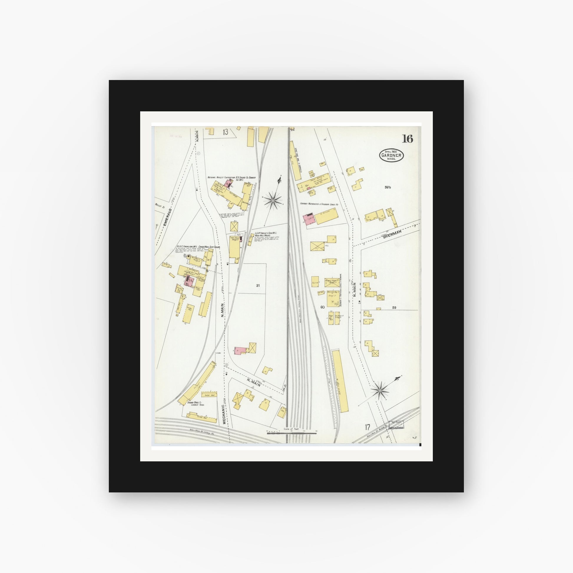 Old map wall art mockup — black gallery frame with white mat — Sanborn Fire Insurance Map from Gardner, Worcester County, Massachusetts (1905), Sheet #0016