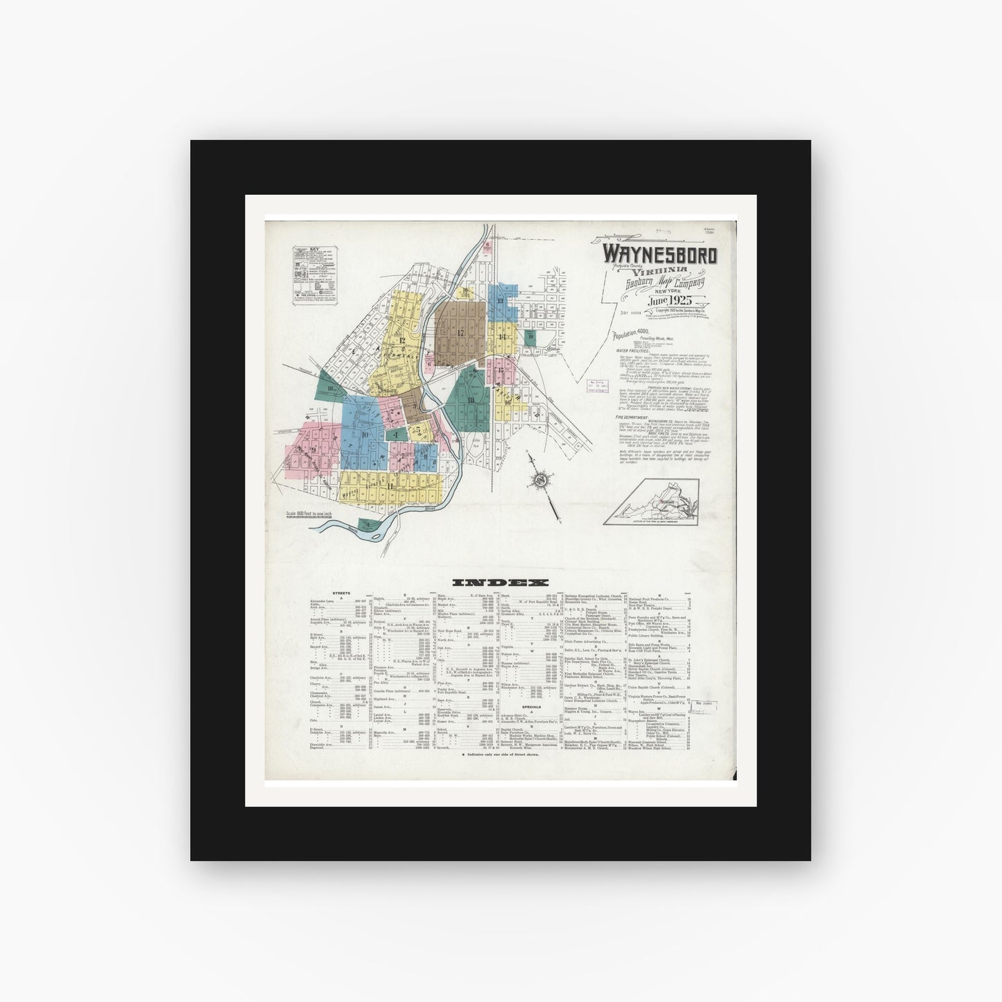 Old map wall art mockup — black gallery frame with white mat — Sanborn Fire Insurance Map from Waynesboro, Independent Cities, Virginia (1925), Sheet #0001
