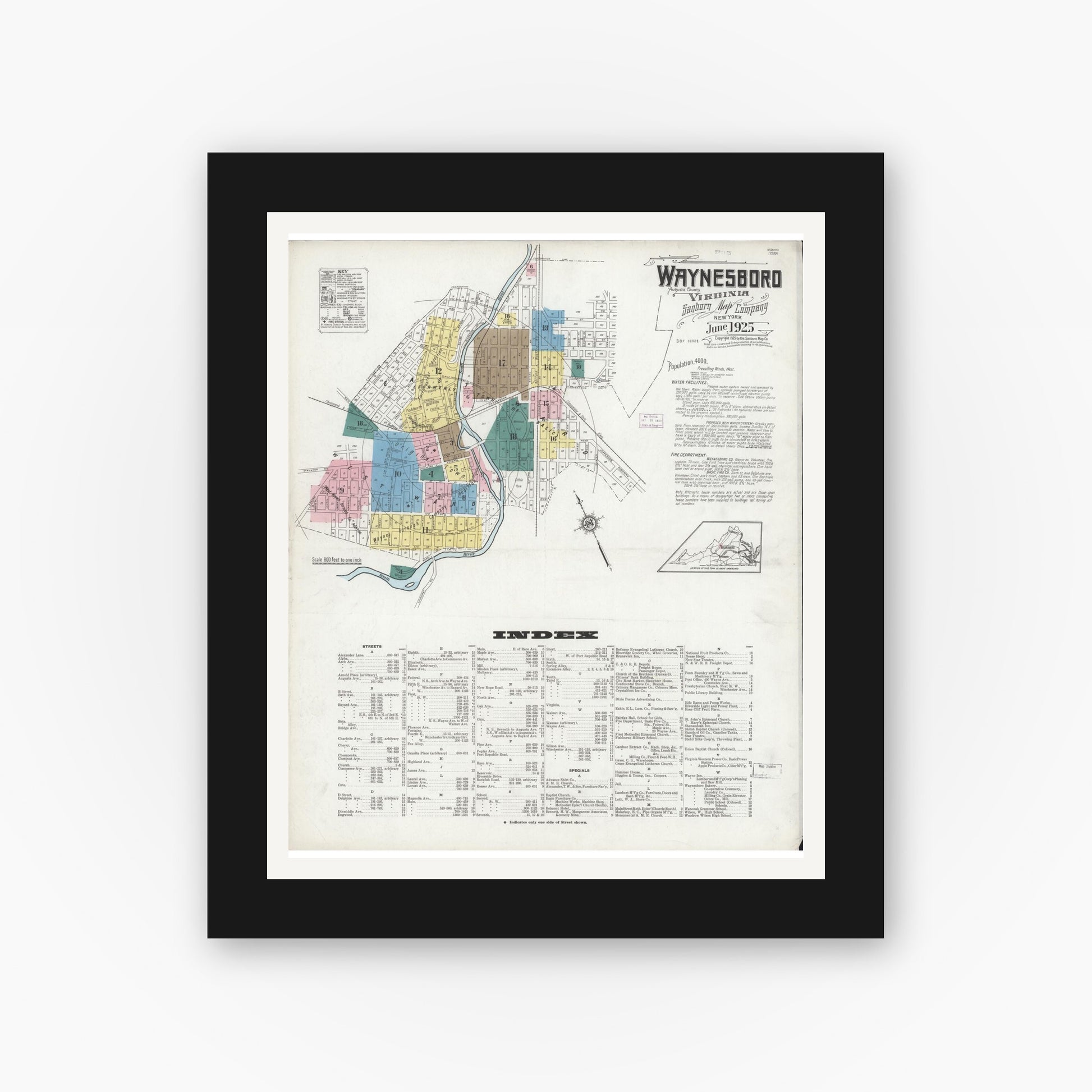 Old map wall art mockup — black gallery frame with white mat — Sanborn Fire Insurance Map from Waynesboro, Independent Cities, Virginia (1925), Sheet #0001