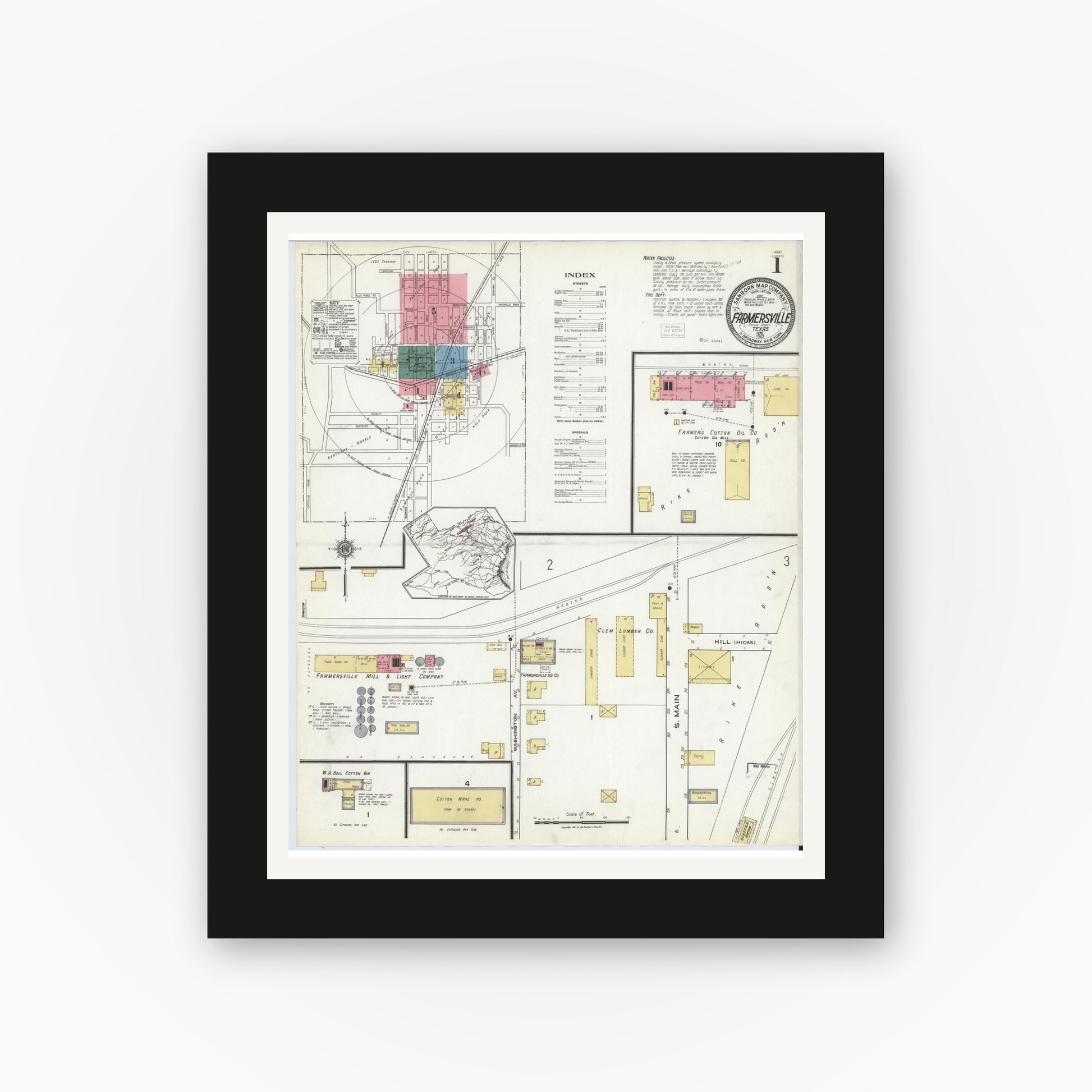 Old map wall art mockup — black gallery frame with white mat — Sanborn Fire Insurance Map from Farmersville, Collin County, Texas (1921) - Complete Map Set