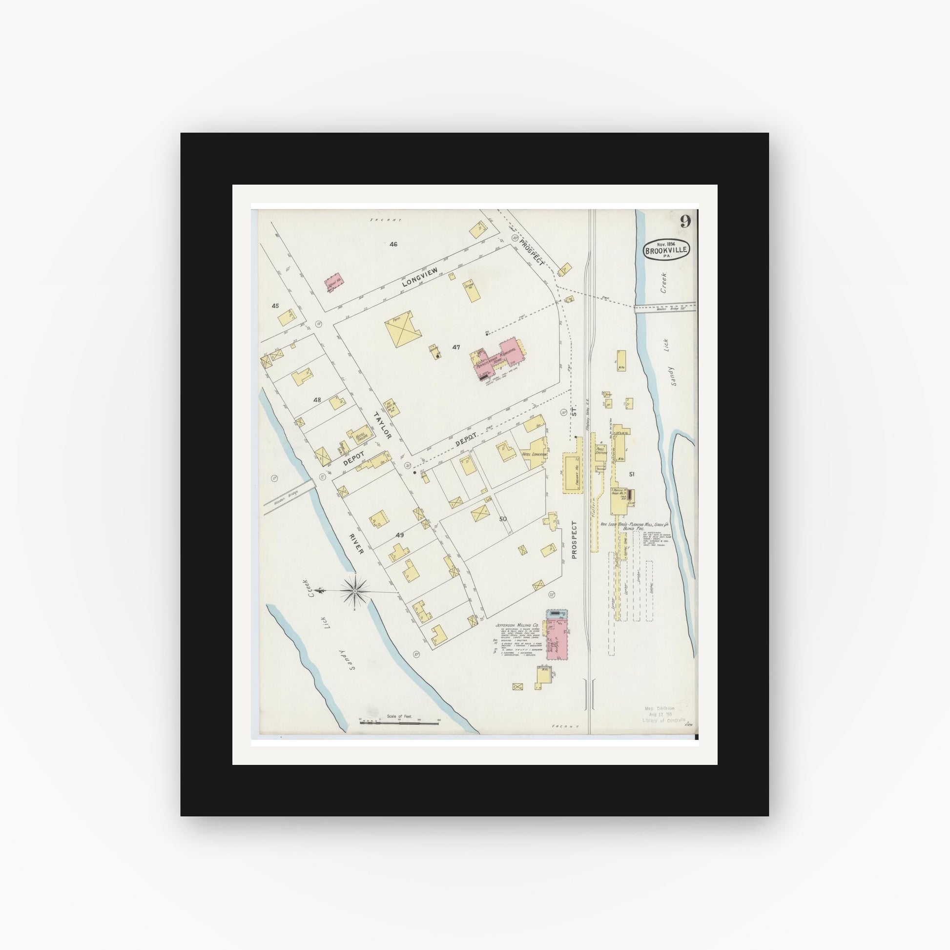 Old map wall art mockup — black gallery frame with white mat — Sanborn Fire Insurance Map from Brookville, Jefferson County, Pennsylvania (1894), Sheet #0009