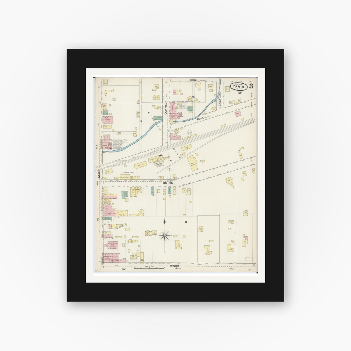 Old map wall art mockup — black gallery frame with white mat — Sanborn Fire Insurance Map from Paris, Edgar County, Illinois (1890), Sheet #0003
