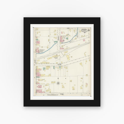 Old map wall art mockup — black gallery frame with white mat — Sanborn Fire Insurance Map from Paris, Edgar County, Illinois (1890), Sheet #0003