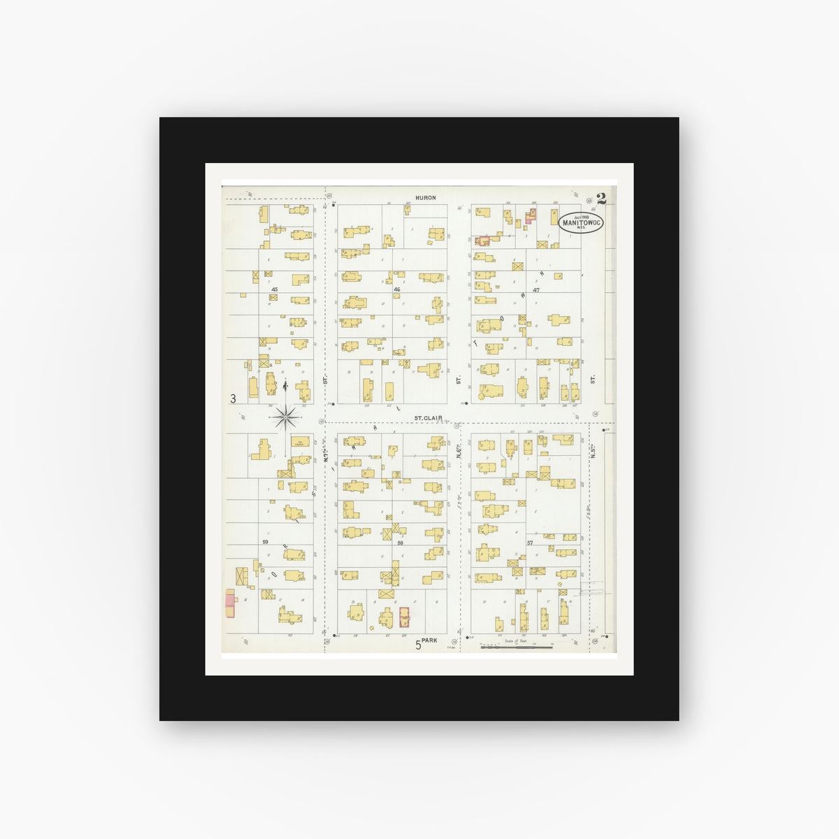Old map wall art mockup — black gallery frame with white mat — Sanborn Fire Insurance Map from Manitowoc, Manitowoc County, Wisconsin (1900), Sheet #0002