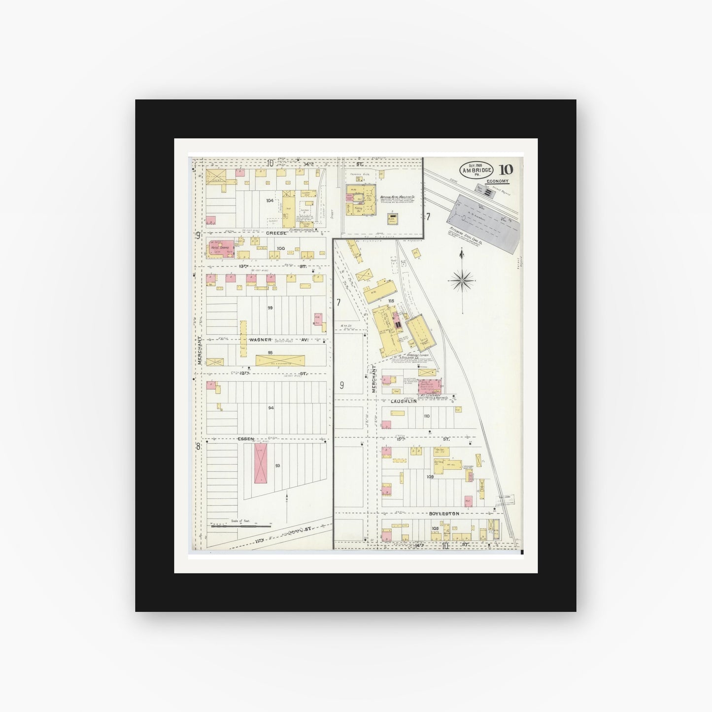 Old map wall art mockup — black gallery frame with white mat — Sanborn Fire Insurance Map from Ambridge, Beaver County, Pennsylvania (1905), Sheet #0010