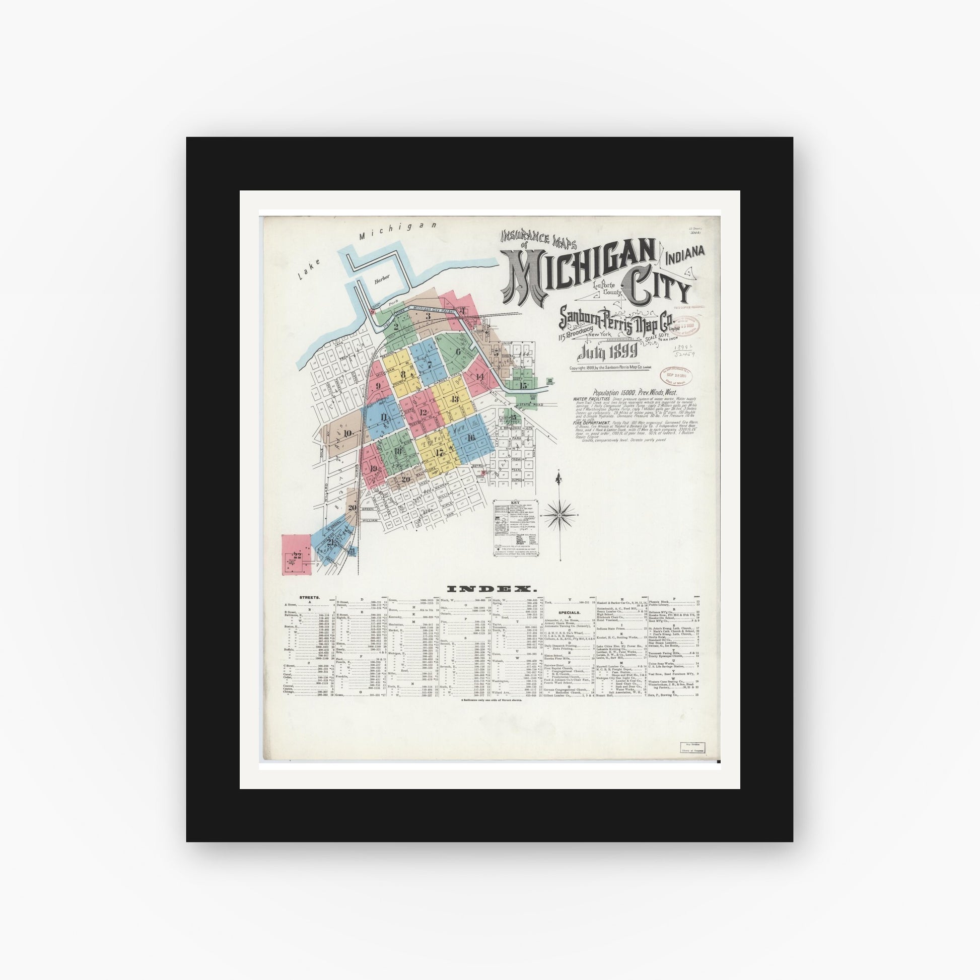 Old map wall art mockup — black gallery frame with white mat — Sanborn Fire Insurance Map from Michigan City, La Porte County, Indiana (1899), Sheet #0001