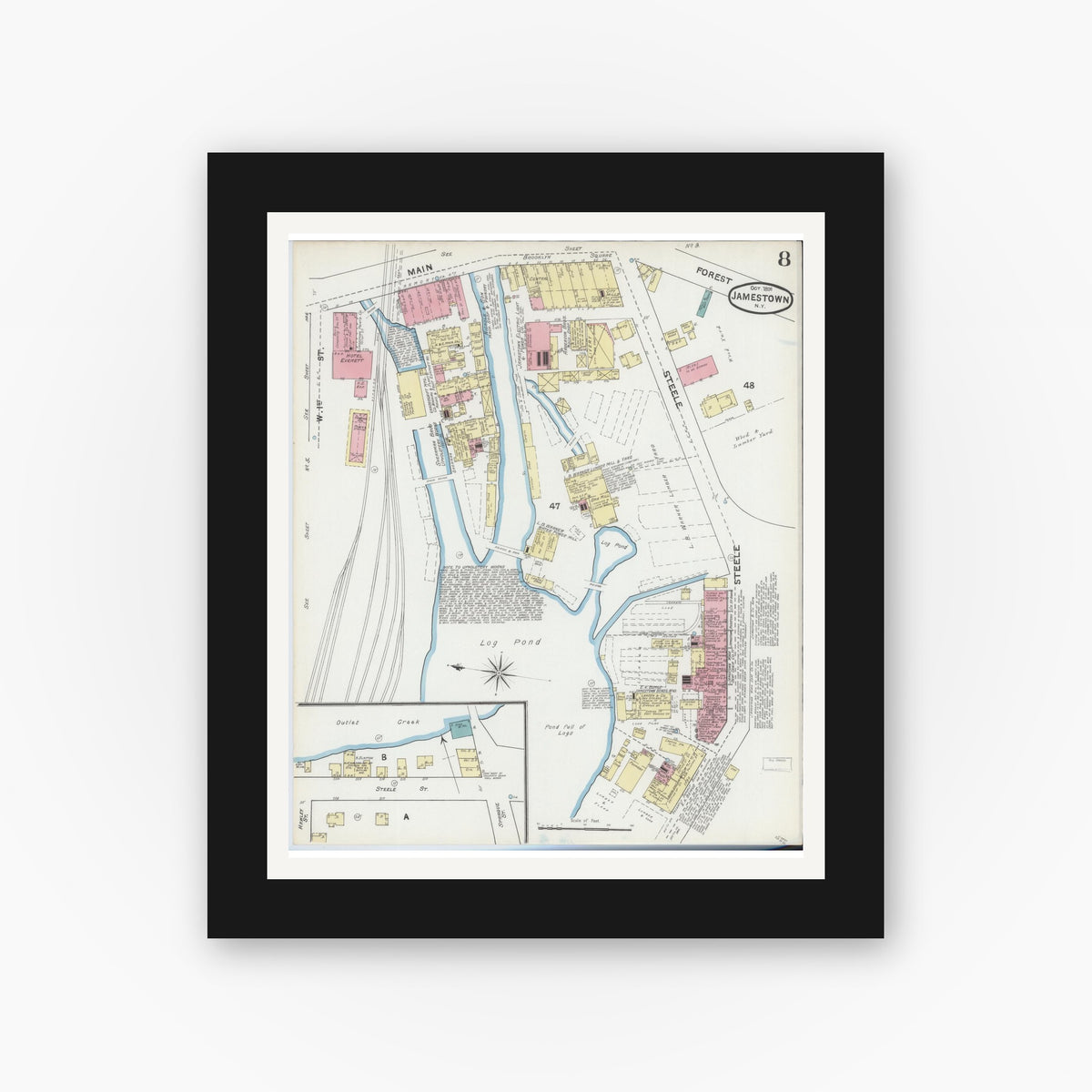 Old map wall art mockup — black gallery frame with white mat — Sanborn Fire Insurance Map from Jamestown, Chautauqua County, New York (1891), Sheet #0008
