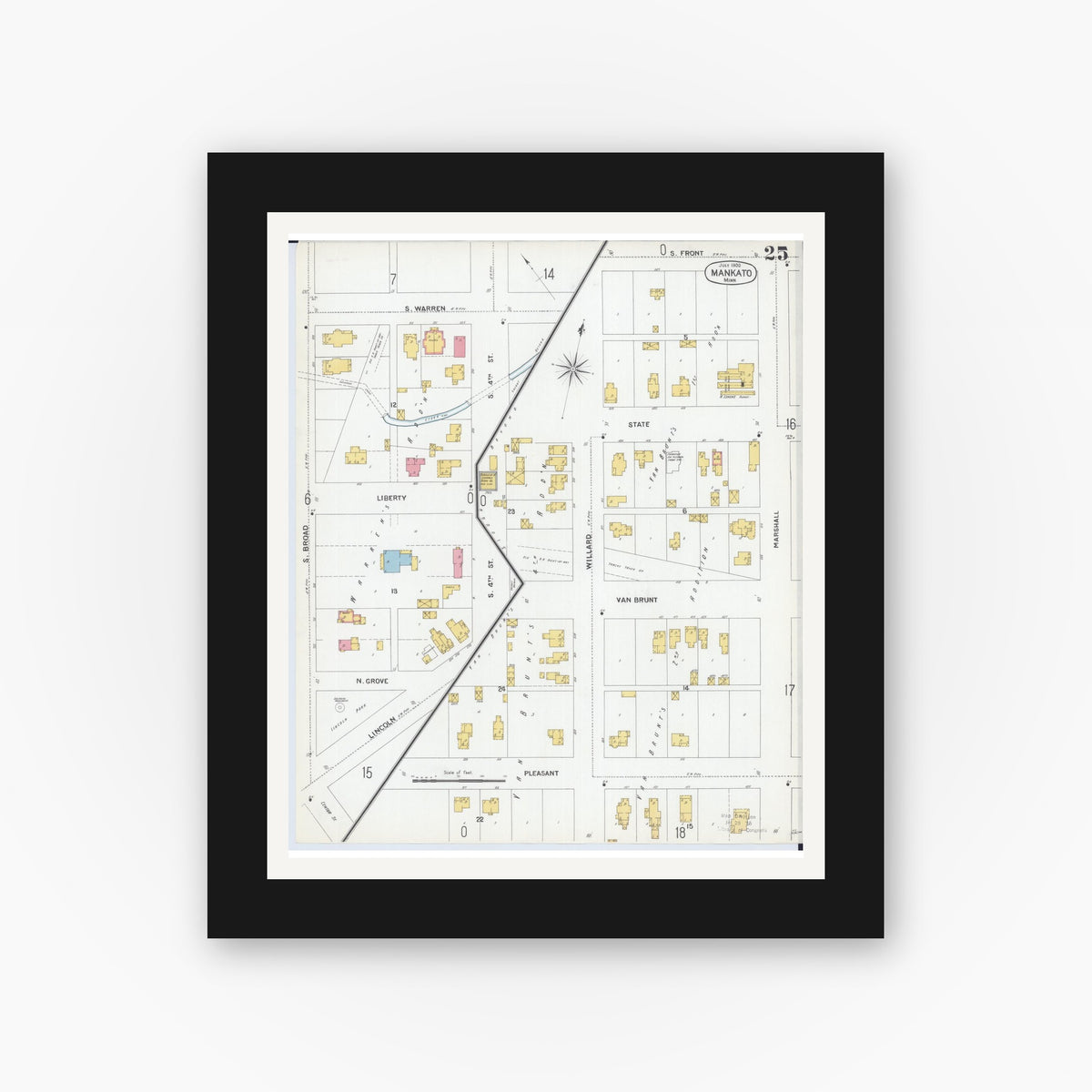 Old map wall art mockup — black gallery frame with white mat — Sanborn Fire Insurance Map from Mankato, Blue Earth County, Minnesota (1900), Sheet #0025