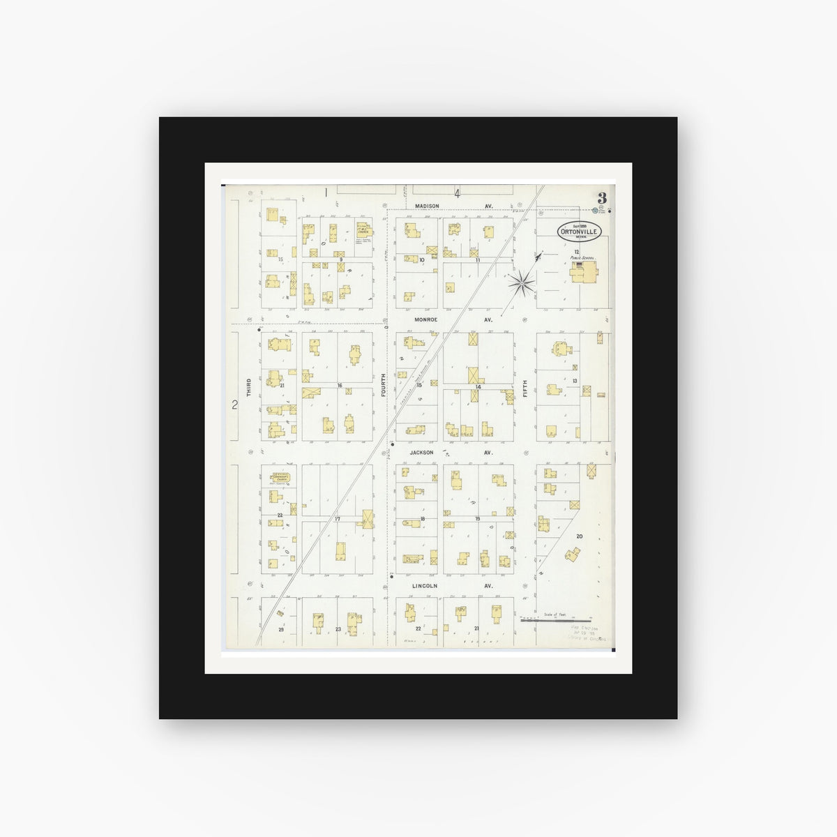 Old map wall art mockup — black gallery frame with white mat — Sanborn Fire Insurance Map from Ortonville, Big Stone County, Minnesota (1899), Sheet #0003
