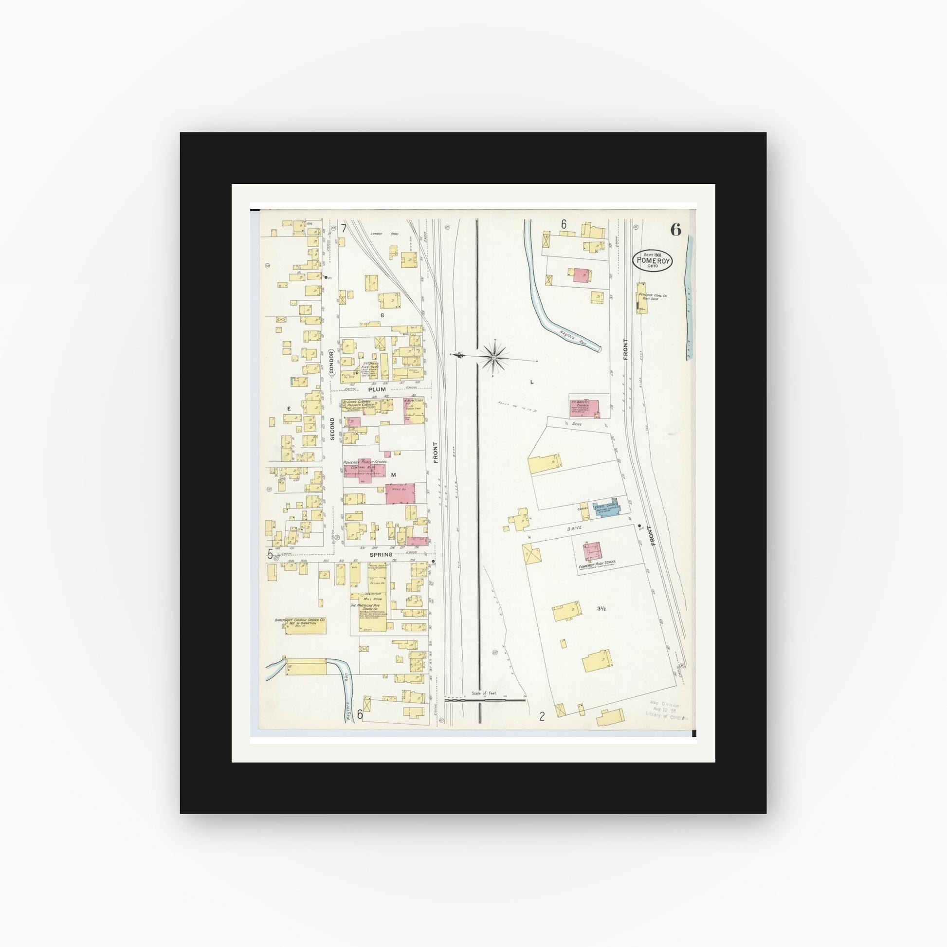 Old map wall art mockup — black gallery frame with white mat — Sanborn Fire Insurance Map from Pomeroy, Meigs County, Ohio (1908), Sheet #0006