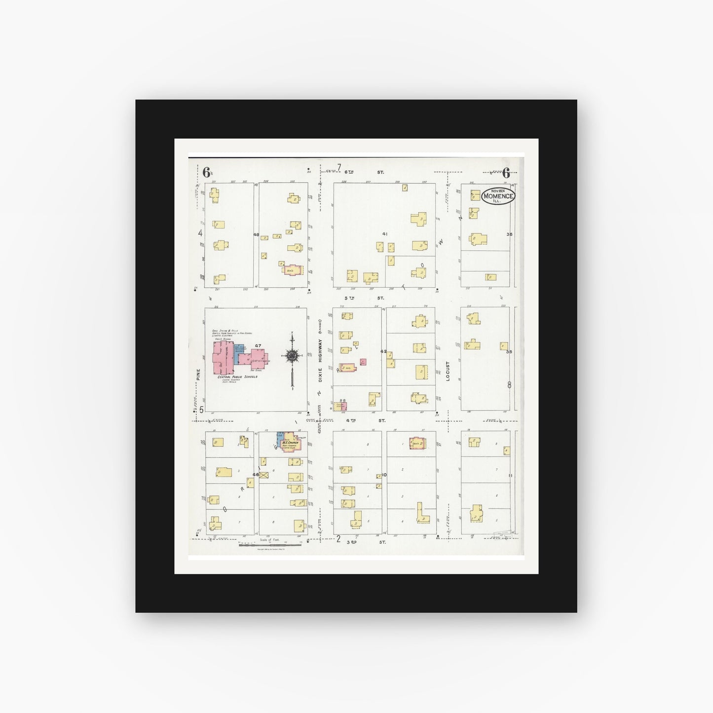 Old map wall art mockup — black gallery frame with white mat — Sanborn Fire Insurance Map from Momence, Kankakee County, Illinois (1924), Sheet #0006