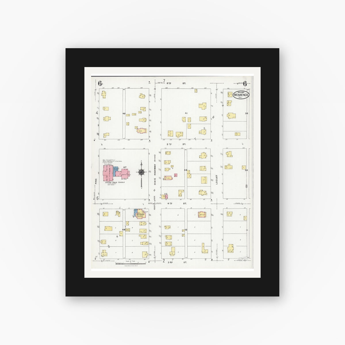 Old map wall art mockup — black gallery frame with white mat — Sanborn Fire Insurance Map from Momence, Kankakee County, Illinois (1924), Sheet #0006