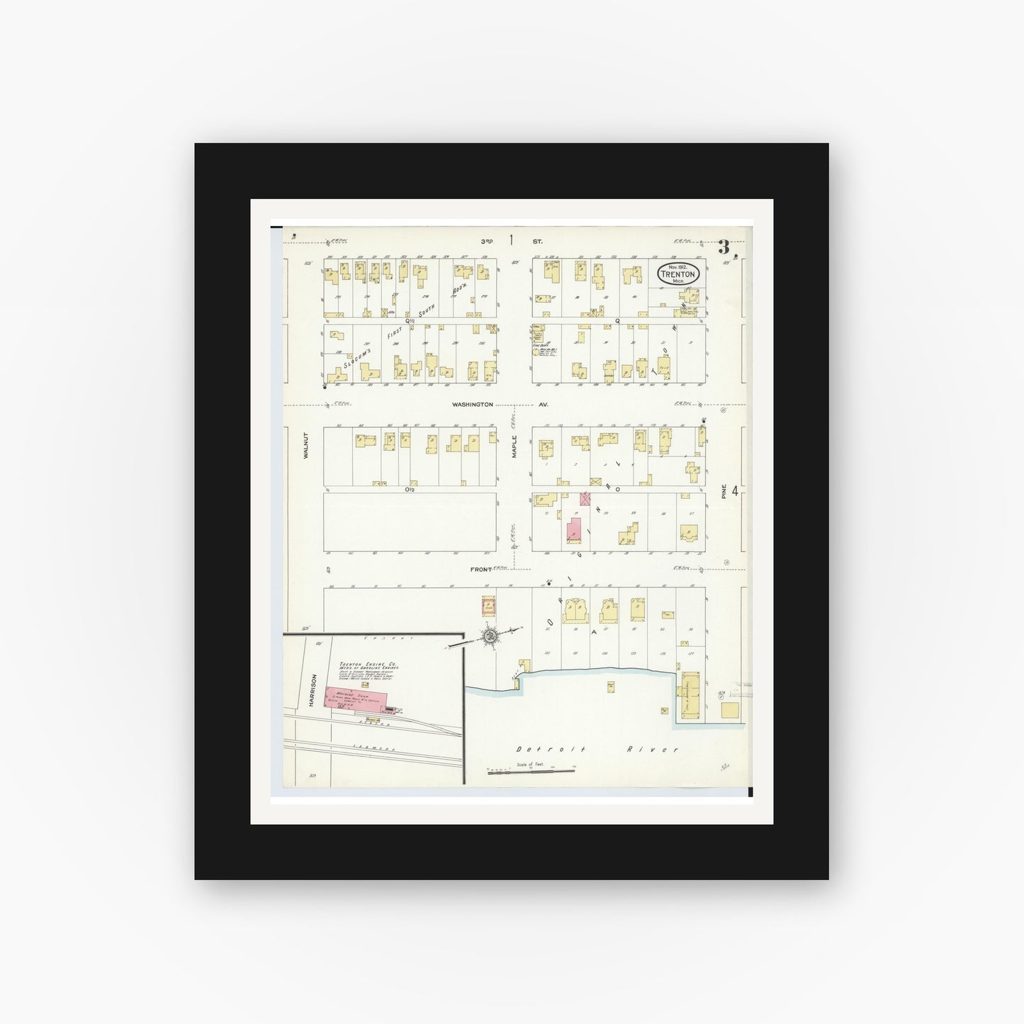 Old map wall art mockup — black gallery frame with white mat — Sanborn Fire Insurance Map from Trenton, Wayne County, Michigan (1912), Sheet #0003