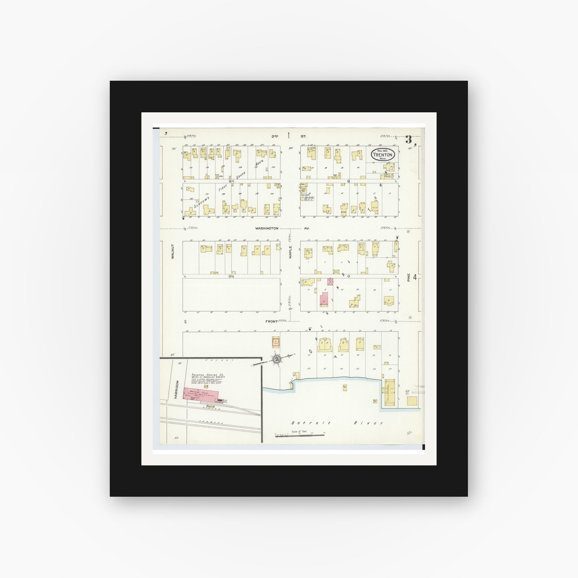 Old map wall art mockup — black gallery frame with white mat — Sanborn Fire Insurance Map from Trenton, Wayne County, Michigan (1912), Sheet #0003