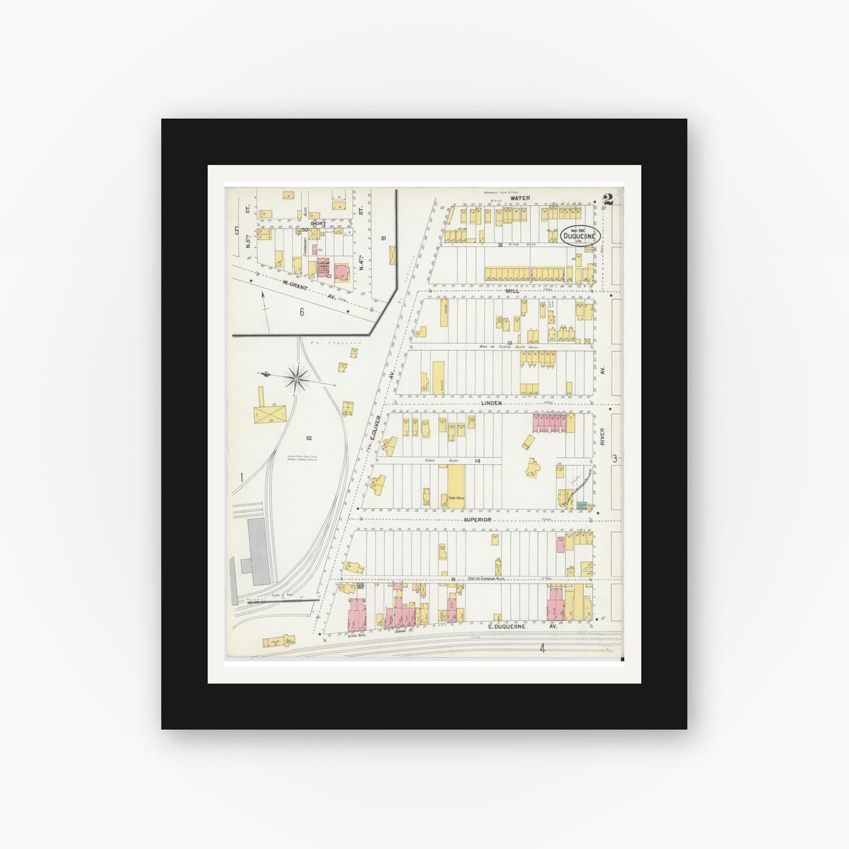Old map wall art mockup — black gallery frame with white mat — Sanborn Fire Insurance Map from Duquesne, Allegheny County, Pennsylvania (1901), Sheet #0002