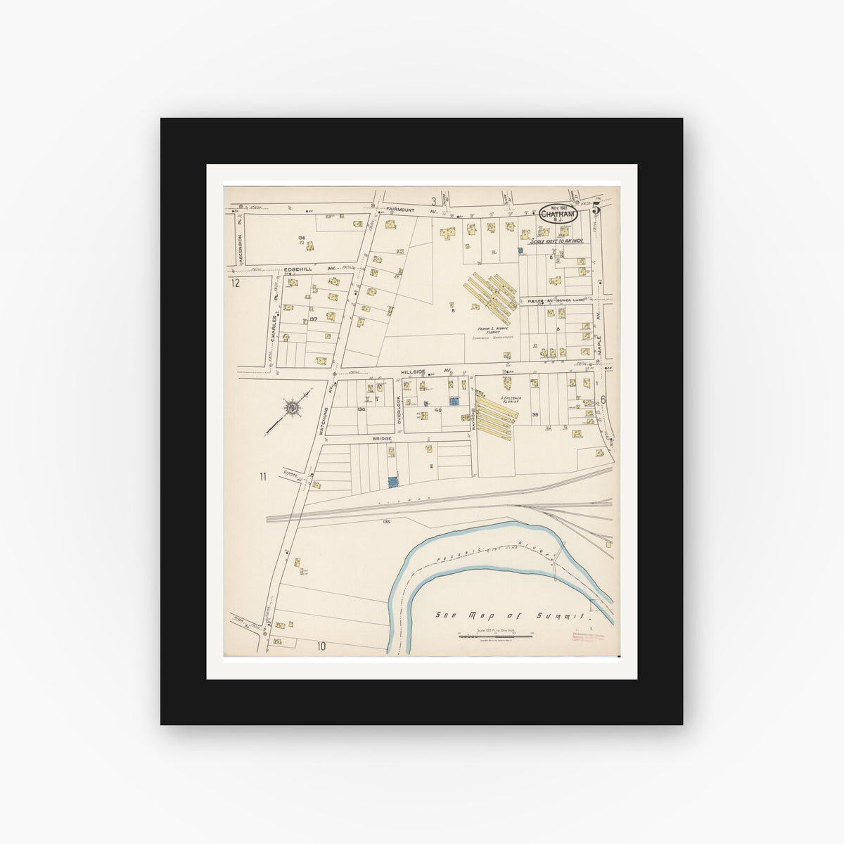 Old map wall art mockup — black gallery frame with white mat — Sanborn Fire Insurance Map from Chatham, Morris County, New Jersey (1921), Sheet #0005