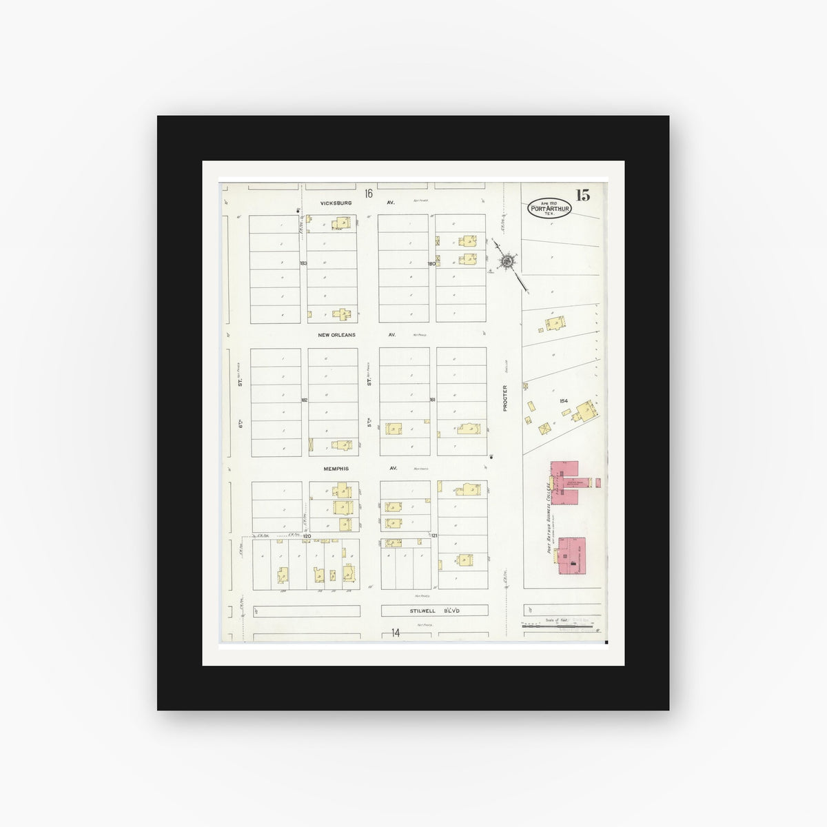 Old map wall art mockup — black gallery frame with white mat — Sanborn Fire Insurance Map from Port Arthur, Jefferson County, Texas (1910), Sheet #0015