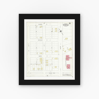 Old map wall art mockup — black gallery frame with white mat — Sanborn Fire Insurance Map from Port Arthur, Jefferson County, Texas (1910), Sheet #0015