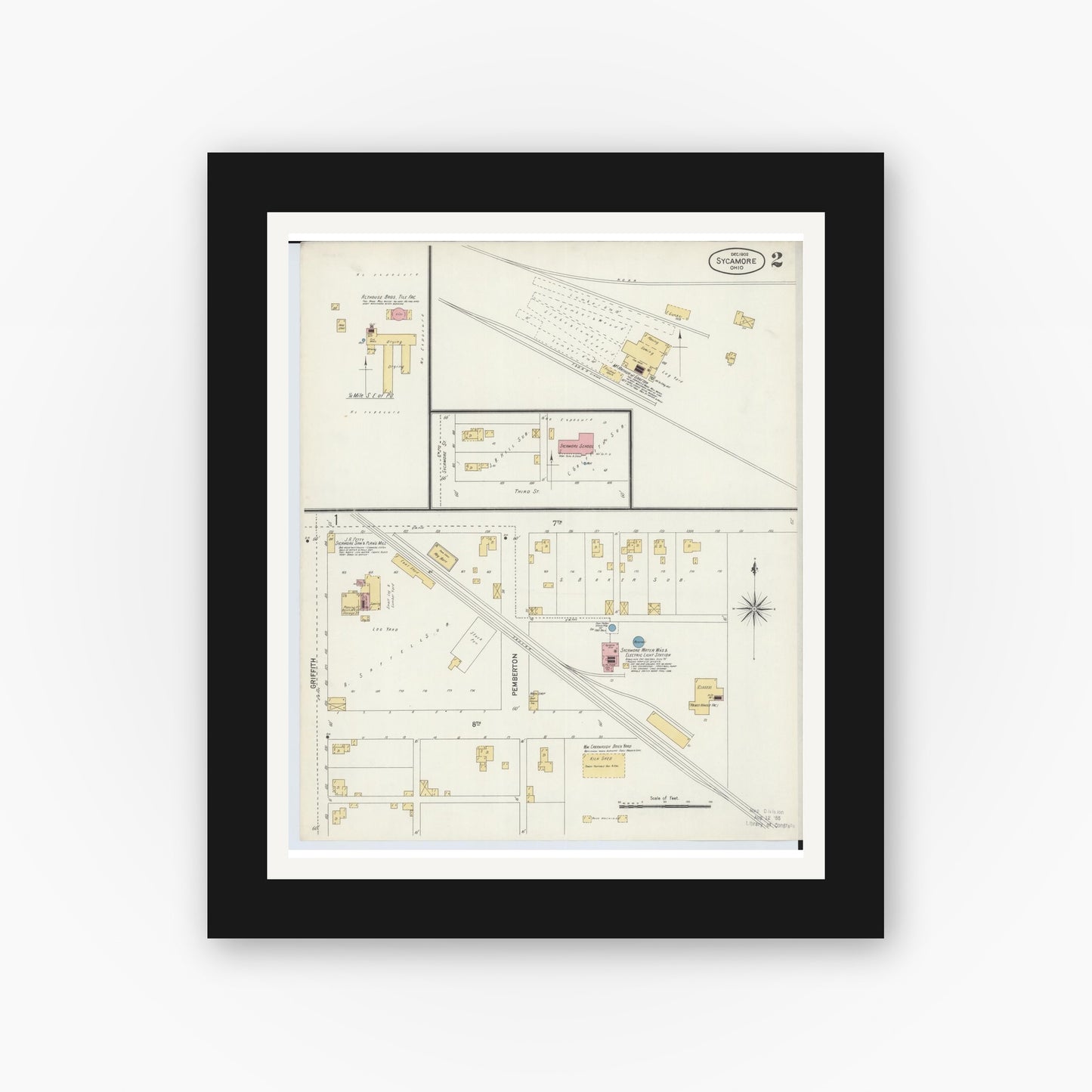 Old map wall art mockup — black gallery frame with white mat — Sanborn Fire Insurance Map from Sycamore, Wyandot County, Ohio (1902), Sheet #0002