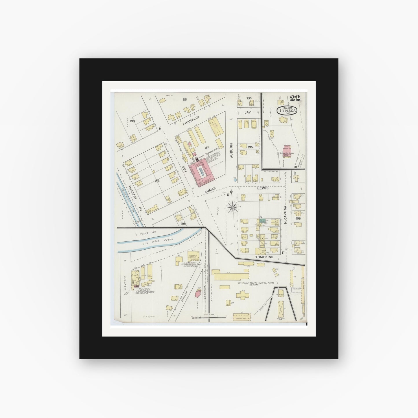 Old map wall art mockup — black gallery frame with white mat — Sanborn Fire Insurance Map from Ithaca, Tompkins County, New York (1893), Sheet #0022