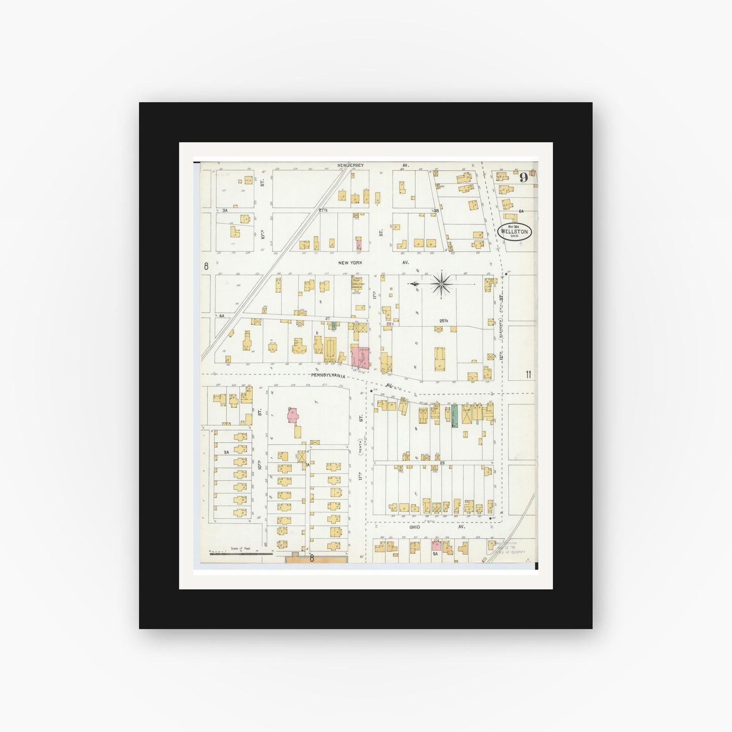 Old map wall art mockup — black gallery frame with white mat — Sanborn Fire Insurance Map from Wellston, Jackson County, Ohio (1904), Sheet #0009