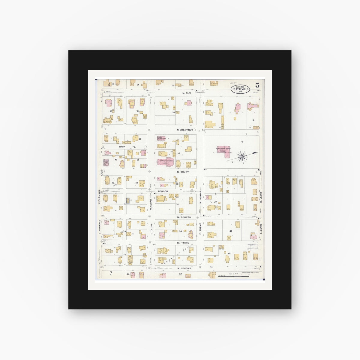 Old map wall art mockup — black gallery frame with white mat — Sanborn Fire Insurance Map from Platteville, Grant County, Wisconsin (1908), Sheet #0005