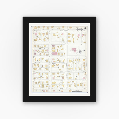 Old map wall art mockup — black gallery frame with white mat — Sanborn Fire Insurance Map from Platteville, Grant County, Wisconsin (1908), Sheet #0005