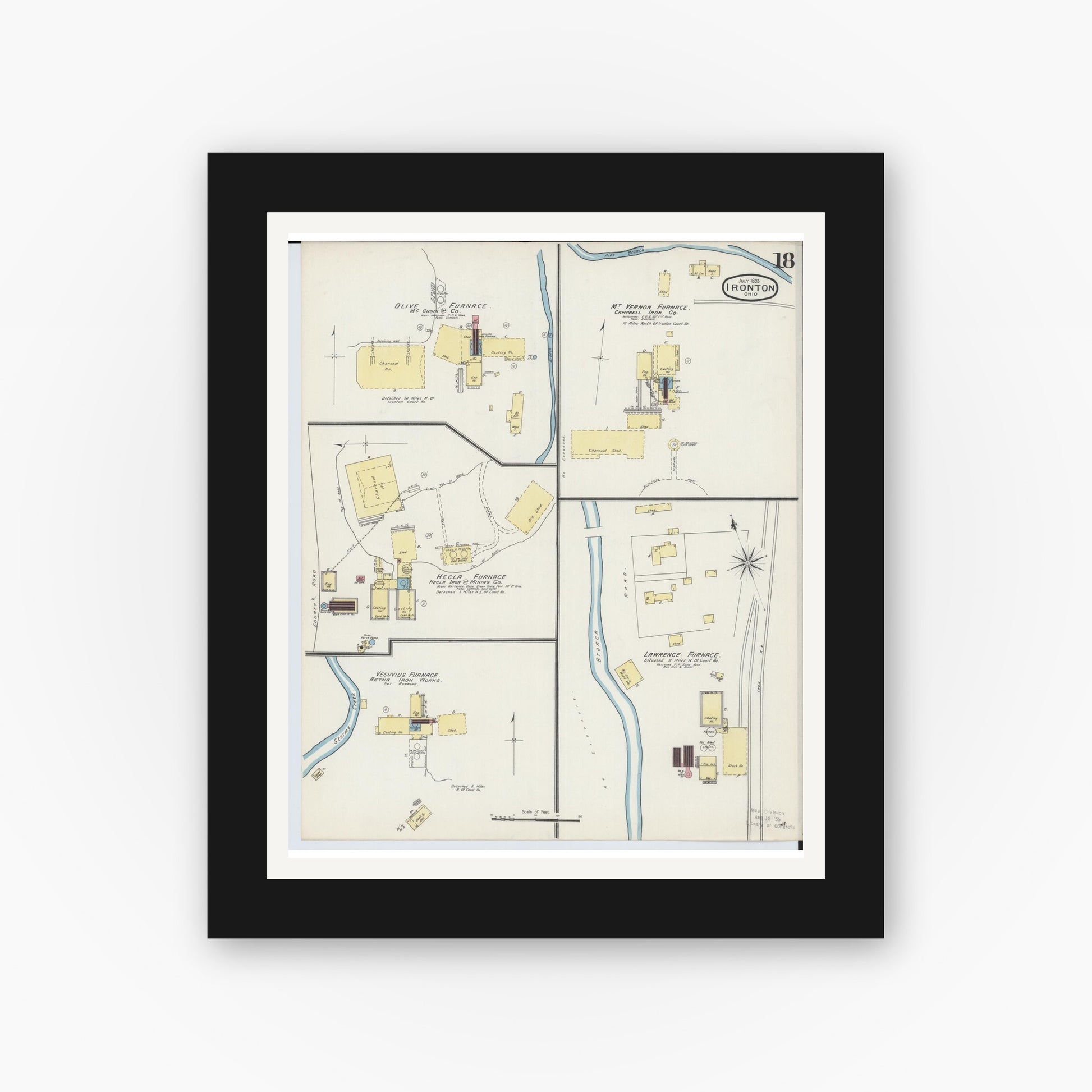Old map wall art mockup — black gallery frame with white mat — Sanborn Fire Insurance Map from Ironton, Lawrence County, Ohio (1893), Sheet #0018