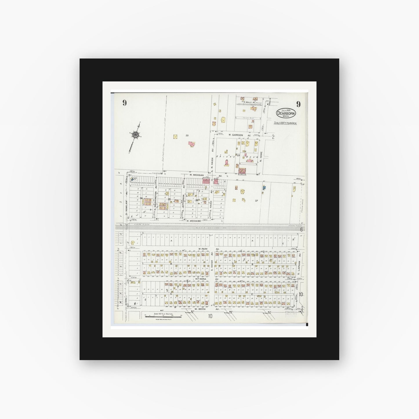 Old map wall art mockup — black gallery frame with white mat — Sanborn Fire Insurance Map from Dearborn, Wayne County, Michigan (1924), Sheet #0009