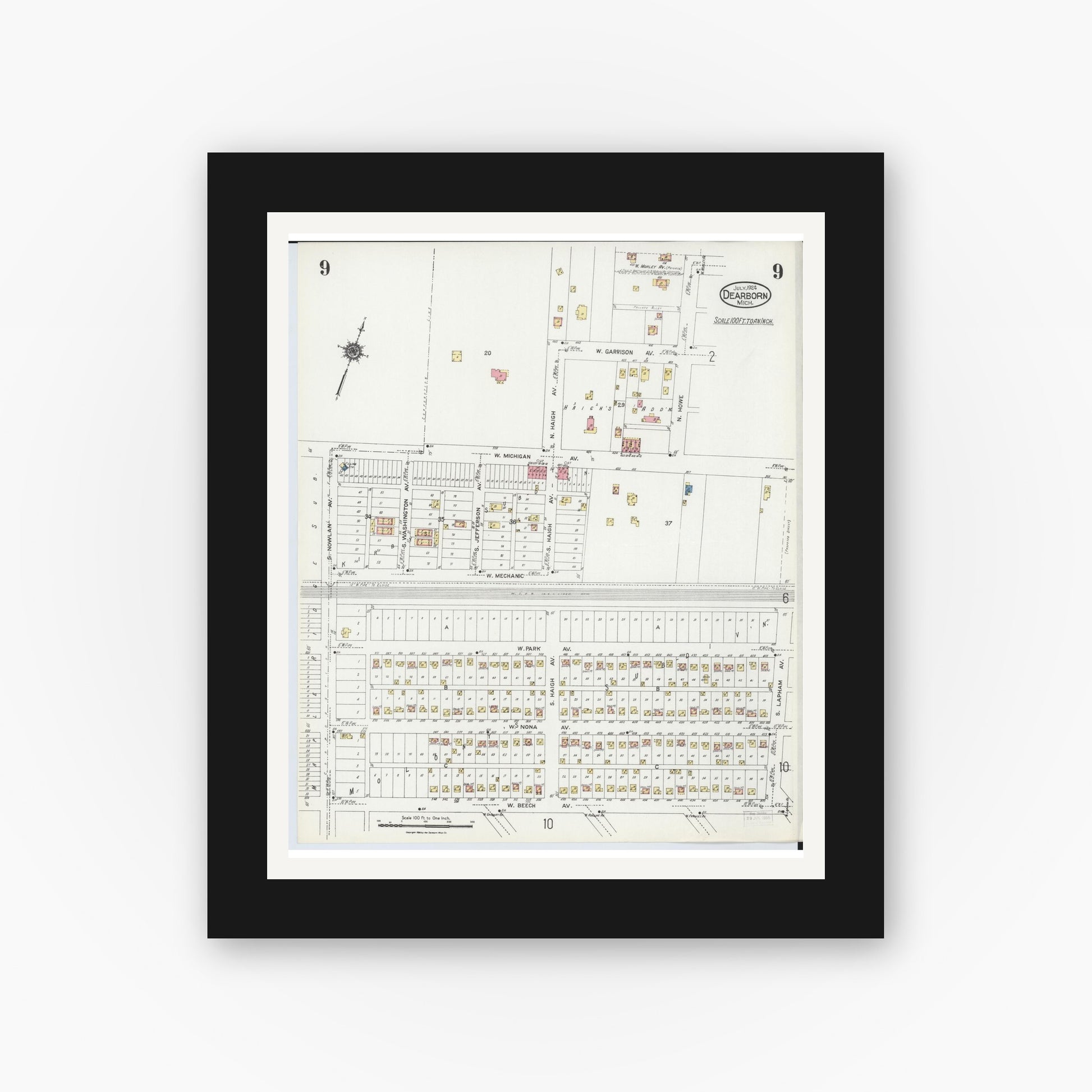 Old map wall art mockup — black gallery frame with white mat — Sanborn Fire Insurance Map from Dearborn, Wayne County, Michigan (1924), Sheet #0009