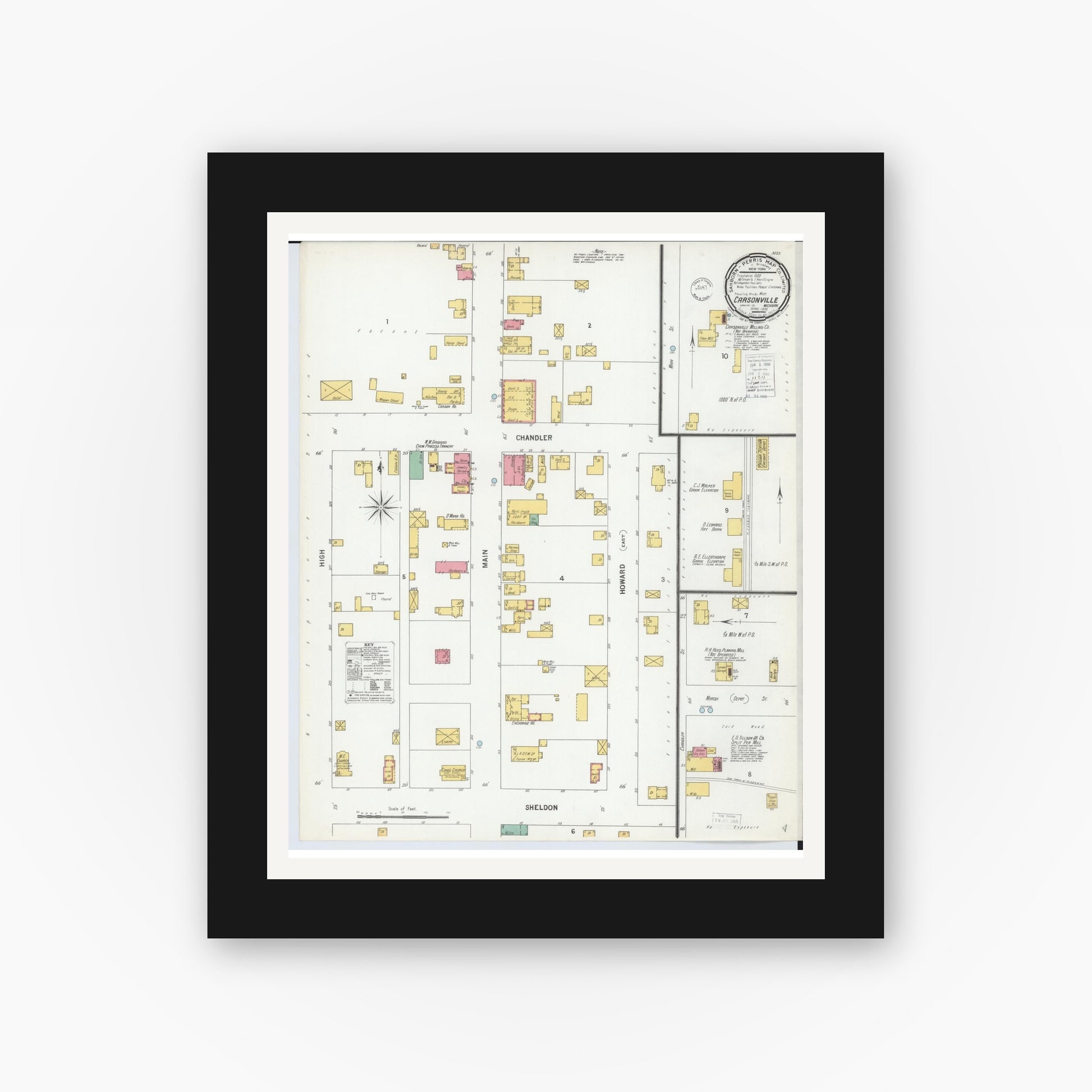 Old map wall art mockup — black gallery frame with white mat — Sanborn Fire Insurance Map from Carsonville, Sanilac County, Michigan (1900), Sheet #0001