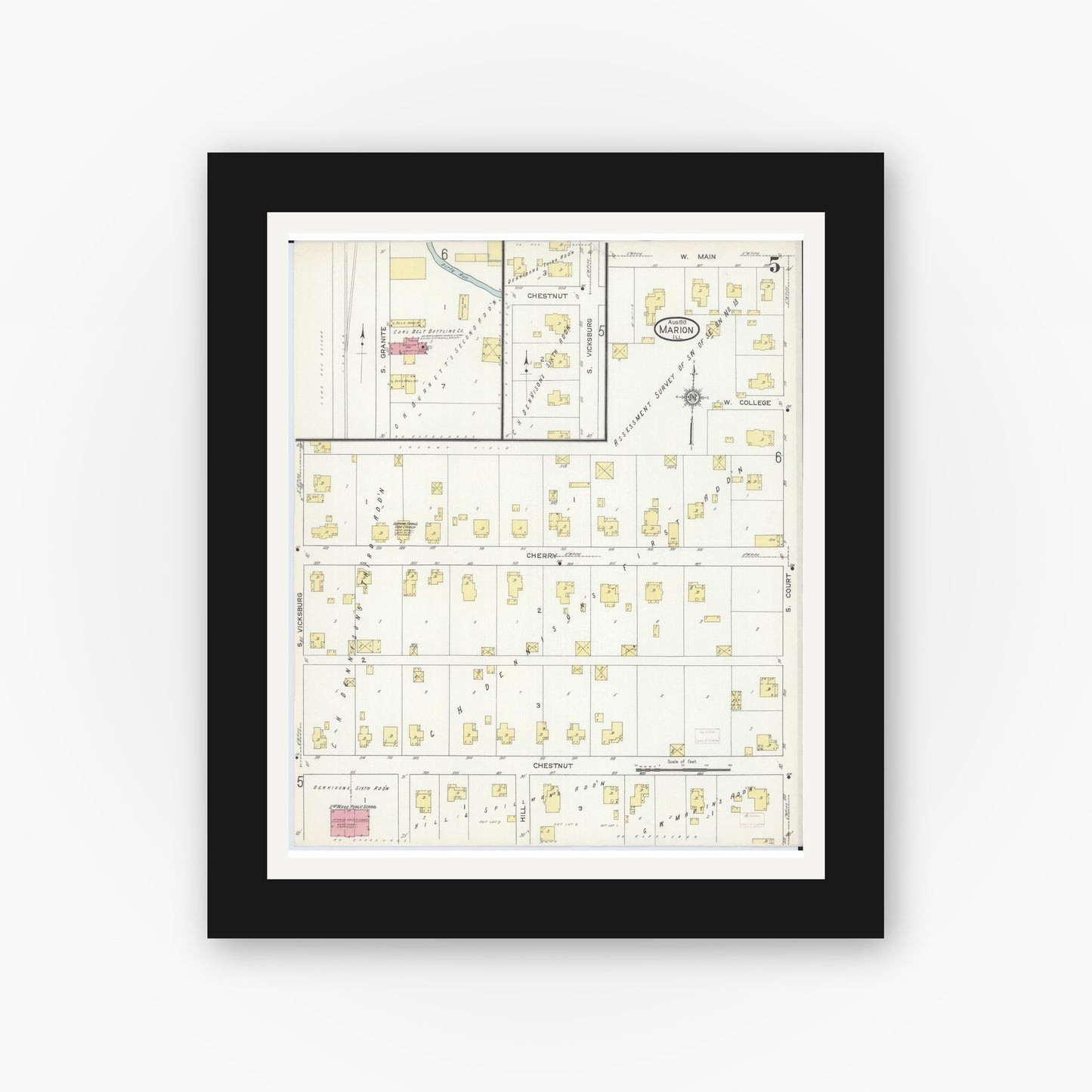 Old map wall art mockup — black gallery frame with white mat — Sanborn Fire Insurance Map from Marion, Williamson County, Illinois (1913), Sheet #0005