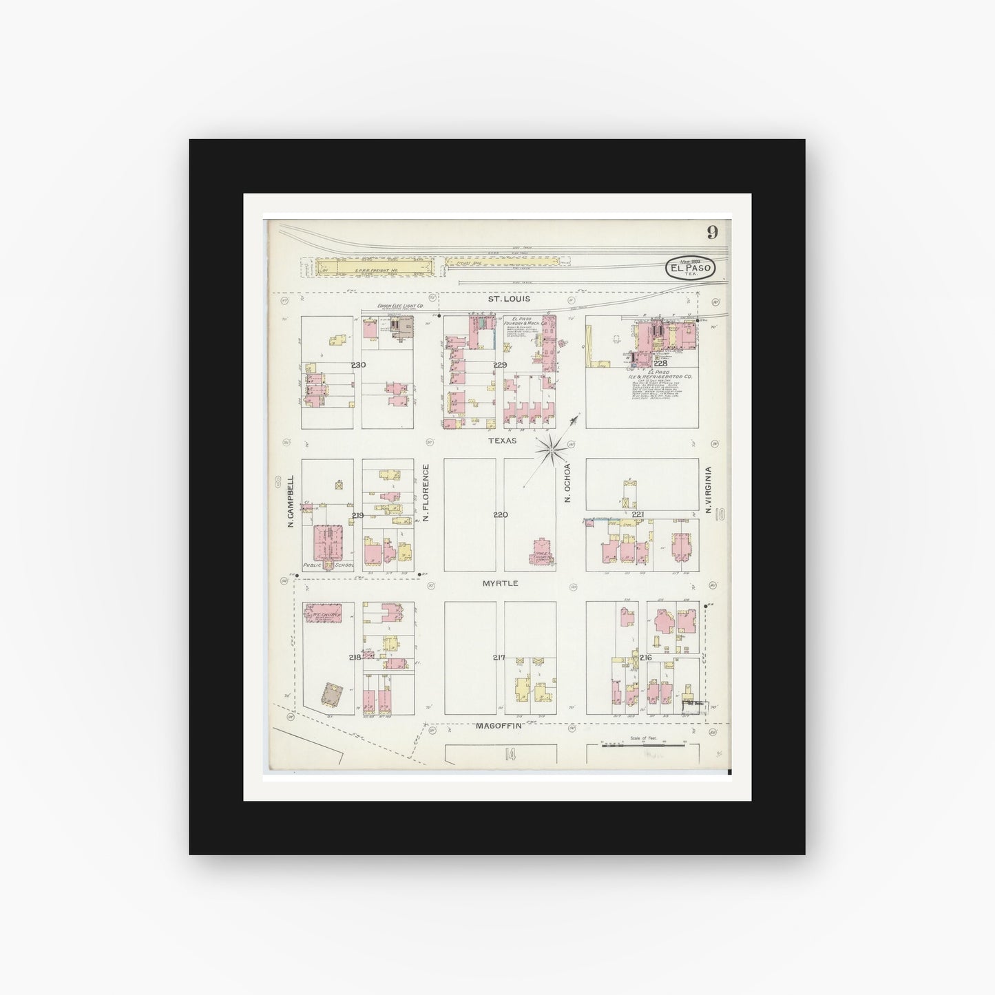 Old map wall art mockup — black gallery frame with white mat — Sanborn Fire Insurance Map from El Paso, El Paso County, Texas (1893), Sheet #0009