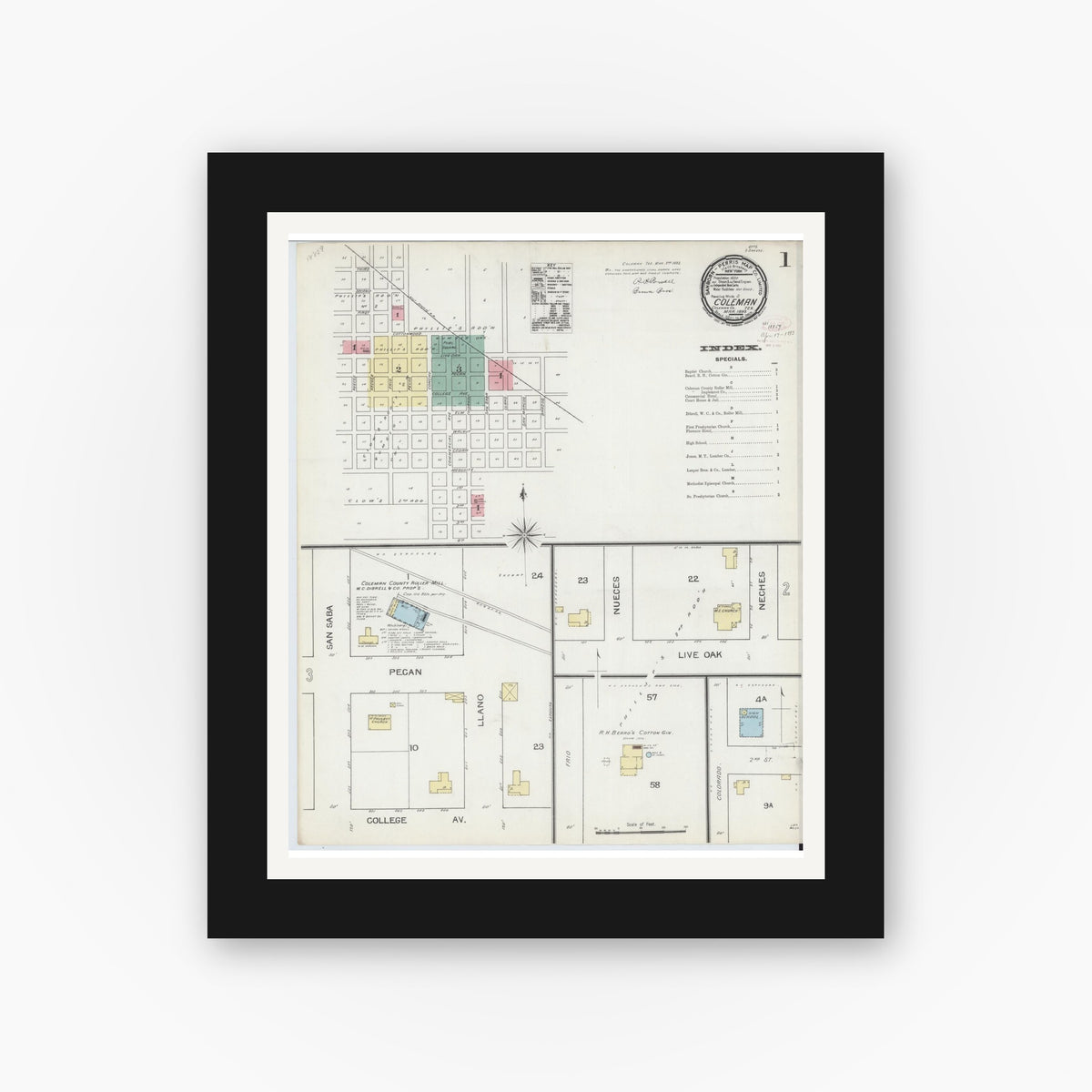 Old map wall art mockup — black gallery frame with white mat — Sanborn Fire Insurance Map from Coleman, Coleman County, Texas (1893) - Complete Map Set