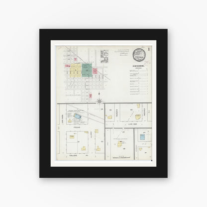 Old map wall art mockup — black gallery frame with white mat — Sanborn Fire Insurance Map from Coleman, Coleman County, Texas (1893) - Complete Map Set